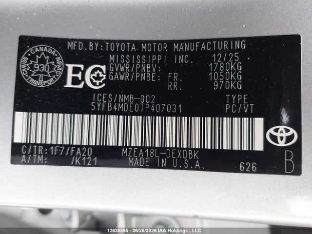 Продаж на аукціоні авто 2026 Toyota Corolla Le, vin: 5YFB4MDE0TP407031, номер лоту: 12638895