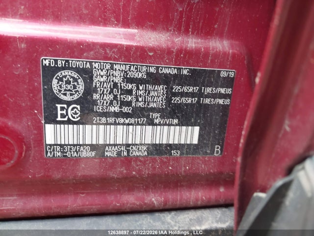 Продаж на аукціоні авто 2019 Toyota Rav4, vin: 2T3B1RFV8KW081177, номер лоту: 12638897