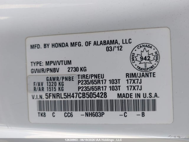Продаж на аукціоні авто 2012 Honda Odyssey Ex, vin: 5FNRL5H47CB505428, номер лоту: 12638903