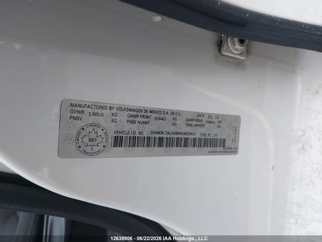 12638906 :رقم المزاد ، 3VWDK7AJ0BM040961 vin ، 2011 Volkswagen Jetta 2.0l Comfortline مزاد بيع