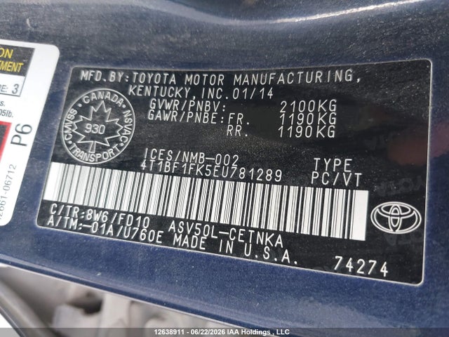 2014 Toyota Camry Le მანქანა იყიდება აუქციონზე, vin: 4T1BF1FK5EU781289, აუქციონის ნომერი: 12638911