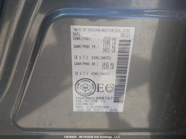 Aukcja sprzedaży 2015 Nissan Pathfinder Platinum/s/sl/sv, vin: 5N1AR2MMXFC698767, numer aukcji: 12638920
