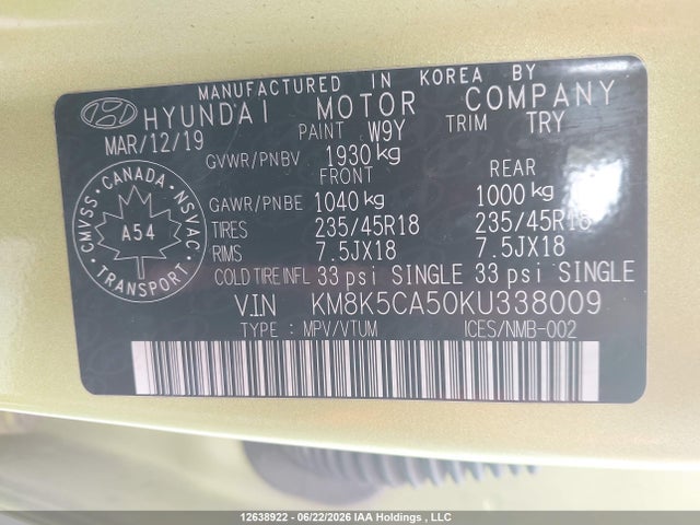 12638922 :رقم المزاد ، KM8K5CA50KU338009 vin ، 2019 Hyundai Kona Ultimate مزاد بيع