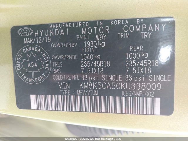 12638922 :رقم المزاد ، KM8K5CA50KU338009 vin ، 2019 Hyundai Kona Ultimate مزاد بيع