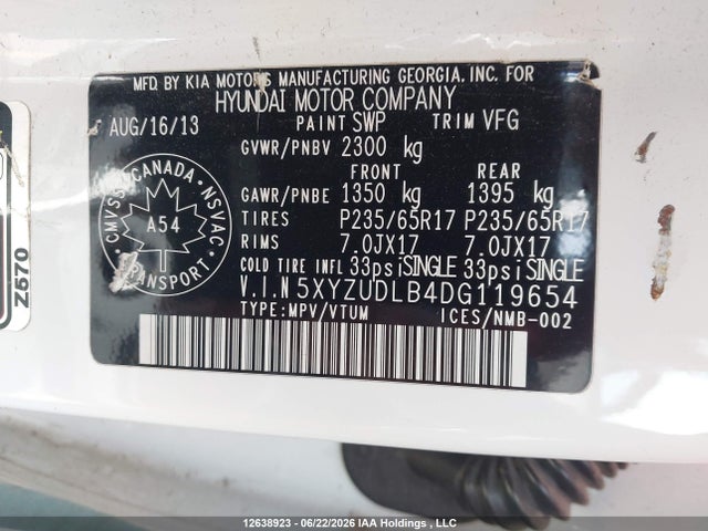 12638923 :رقم المزاد ، 5XYZUDLB4DG119654 vin ، 2013 Hyundai Santa Fe Sport 2.4 Premium مزاد بيع