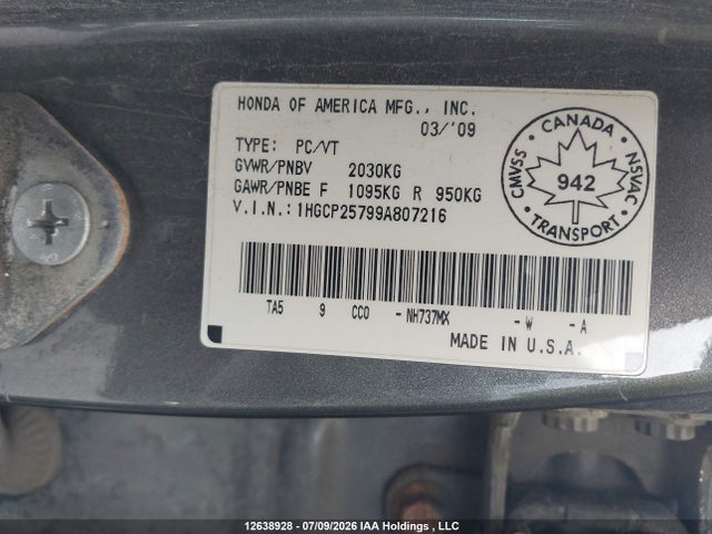Aukcja sprzedaży 2009 Honda Accord Ex, vin: 1HGCP25799A807216, numer aukcji: 12638928