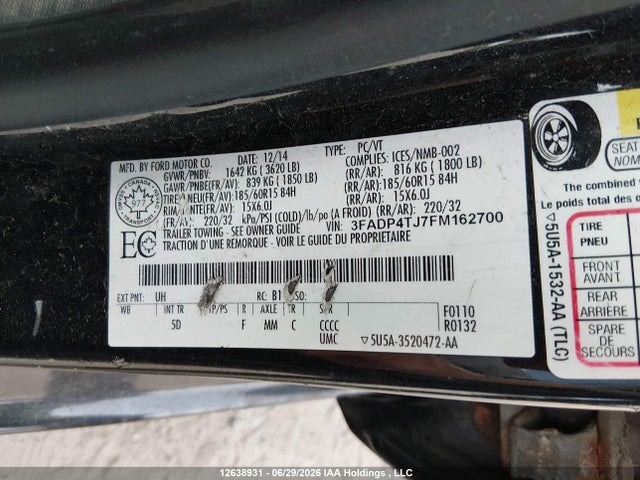 12638931 :رقم المزاد ، 3FADP4TJ7FM162700 vin ، 2015 Ford Fiesta S مزاد بيع