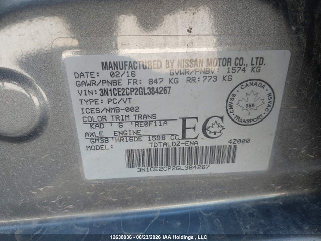 Aukcja sprzedaży 2016 Nissan Versa Note 1.6 S/1.6 Sl/1.6 Sr/1.6 Sv, vin: 3N1CE2CP2GL384267, numer aukcji: 12638936