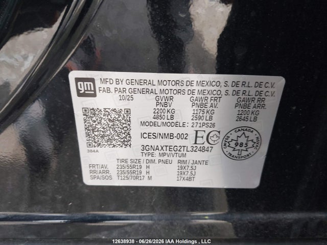2026 Chevrolet Equinox Rs Awd მანქანა იყიდება აუქციონზე, vin: 3GNAXTEG2TL324847, აუქციონის ნომერი: 12638938