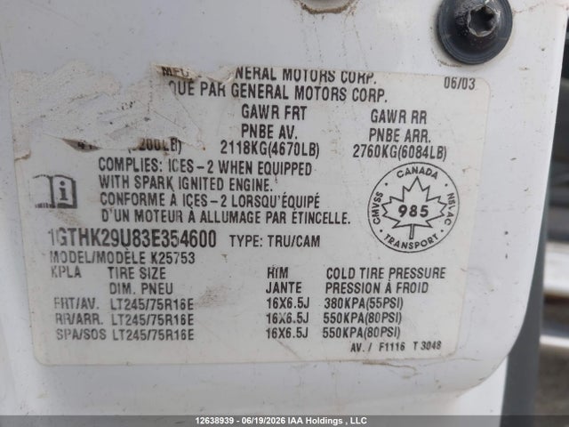 12638939 :رقم المزاد ، 1GTHK29U83E354600 vin ، 2003 Gmc Sierra 2500hd مزاد بيع
