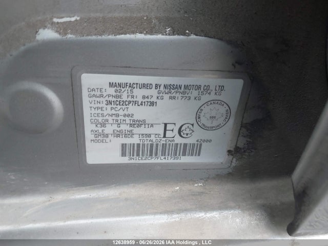 2015 Nissan Versa Note 1.6 S/1.6 Sl/1.6 Sr/1.6 Sv მანქანა იყიდება აუქციონზე, vin: 3N1CE2CP7FL417391, აუქციონის ნომერი: 12638959