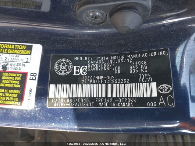 Aukcja sprzedaży 2012 Toyota Corolla Ce, vin: 2T1BU4EE1CC892262, numer aukcji: 12638963