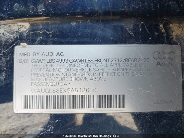 Продаж на аукціоні авто 2005 Audi S4 4.2, vin: WAUGL68EX5A518639, номер лоту: 12638968