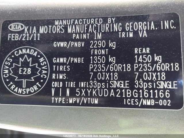 Aukcja sprzedaży 2011 Kia Sorento Ex, vin: 5XYKUDA21BG161166, numer aukcji: 12638973