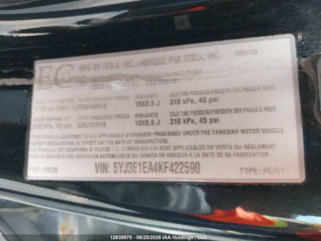 Tesla MODEL 3 2019 5YJ3E1EA4KF422590 Image 18