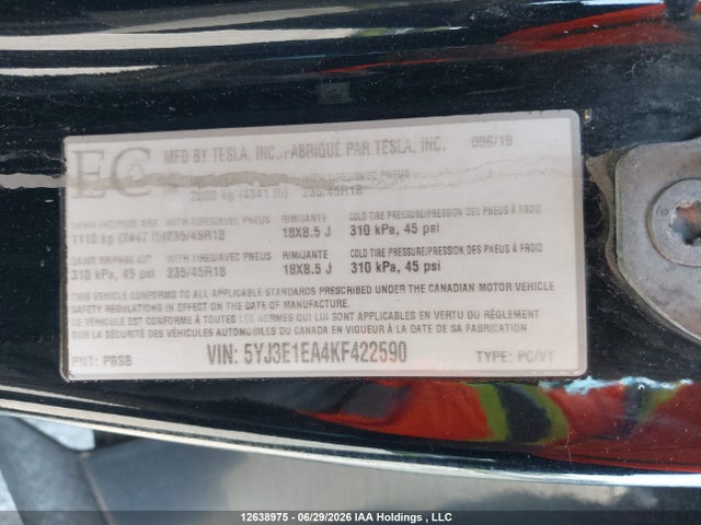 5YJ3E1EA4KF422590 Tesla MODEL 3