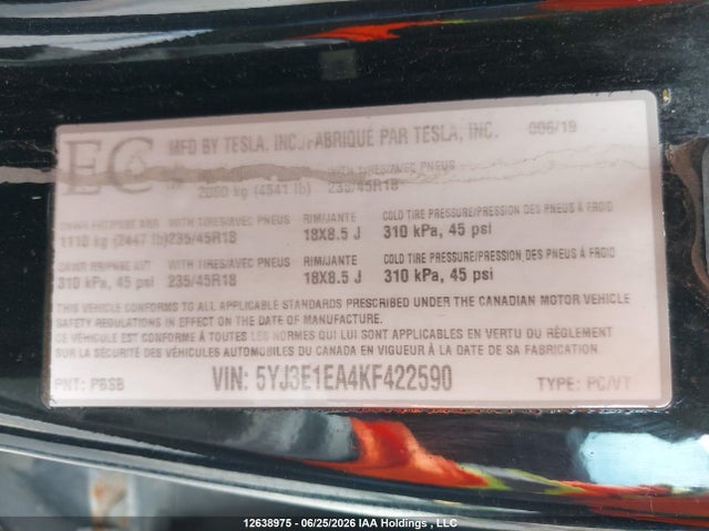 5YJ3E1EA4KF422590 Tesla MODEL 3