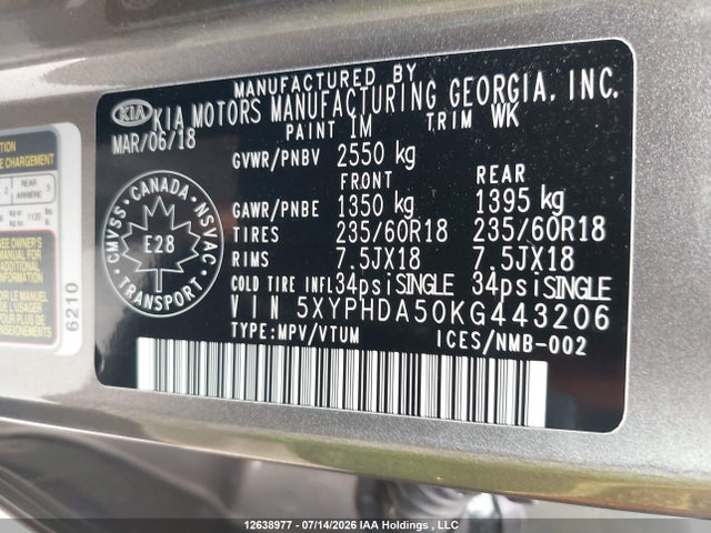 Aukcja sprzedaży 2019 Kia Sorento Ex/ex Sport, vin: 5XYPHDA50KG443206, numer aukcji: 12638977