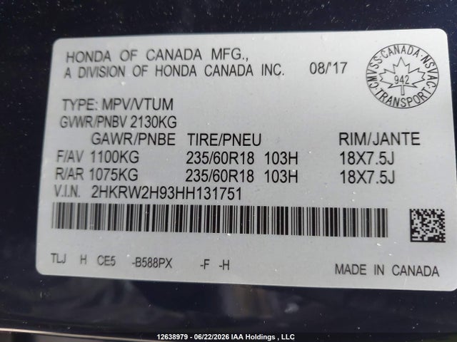 2HKRW2H93HH131751 Honda Cr-v Touring