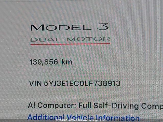 Продаж на аукціоні авто 2020 Tesla Model 3, vin: 5YJ3E1EC0LF738913, номер лоту: 12638987
