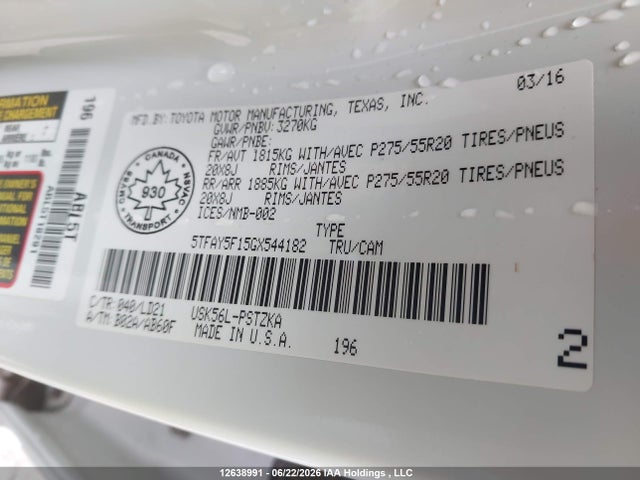 12638991 :رقم المزاد ، 5TFAY5F15GX544182 vin ، 2016 Toyota Tundra Crewmax 1794/platinum مزاد بيع