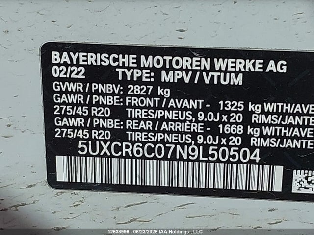 Продажа на аукционе авто 2022 Bmw X5 Xdrive40i, vin: 5UXCR6C07N9L50504, номер лота: 12638996