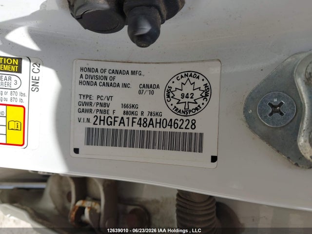 2010 Honda Civic მანქანა იყიდება აუქციონზე, vin: 2HGFA1F48AH046228, აუქციონის ნომერი: 12639010