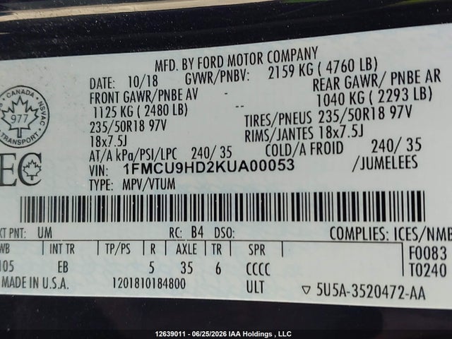 12639011 :رقم المزاد ، 1FMCU9HD2KUA00053 vin ، 2019 Ford Escape Sel مزاد بيع