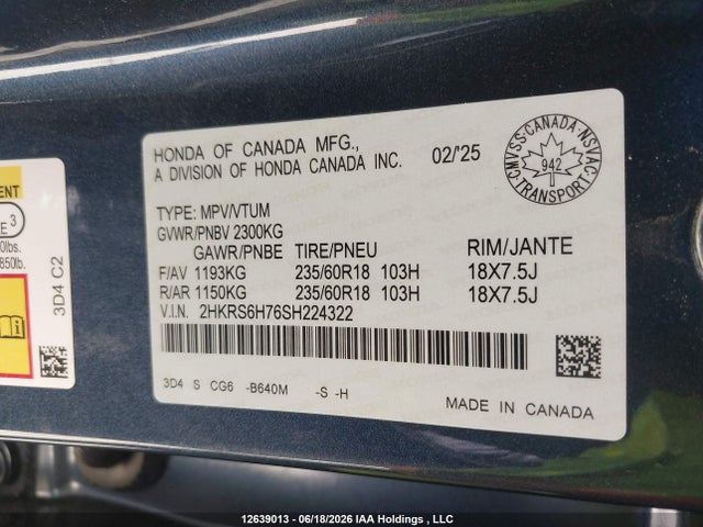 2025 Honda Cr-v Ex-l Hybrid მანქანა იყიდება აუქციონზე, vin: 2HKRS6H76SH224322, აუქციონის ნომერი: 12639013