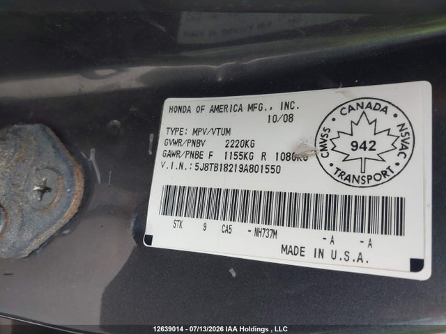 Aukcja sprzedaży 2009 Acura Rdx, vin: 5J8TB18219A801550, numer aukcji: 12639014