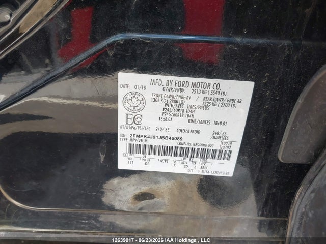 Продажа на аукционе авто 2018 Ford Edge Sel, vin: 2FMPK4J91JBB46089, номер лота: 12639017
