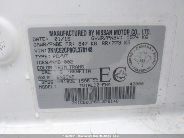 Aukcja sprzedaży 2016 Nissan Versa Note 1.6 S/1.6 Sl/1.6 Sr/1.6 Sv, vin: 3N1CE2CP8GL378148, numer aukcji: 12639021