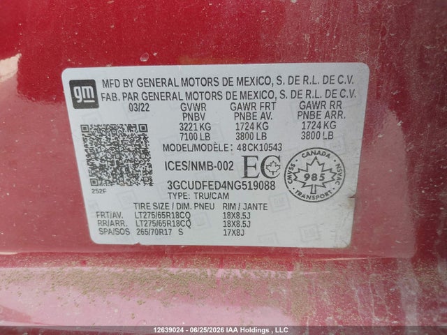 3GCUDFED4NG519088 Chevrolet Silverado K1500 Lt Trail Boss
