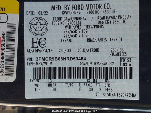Продаж на аукціоні авто 2022 Ford Bronco Sport Big Bend, vin: 3FMCR9B68NRD53484, номер лоту: 12639036