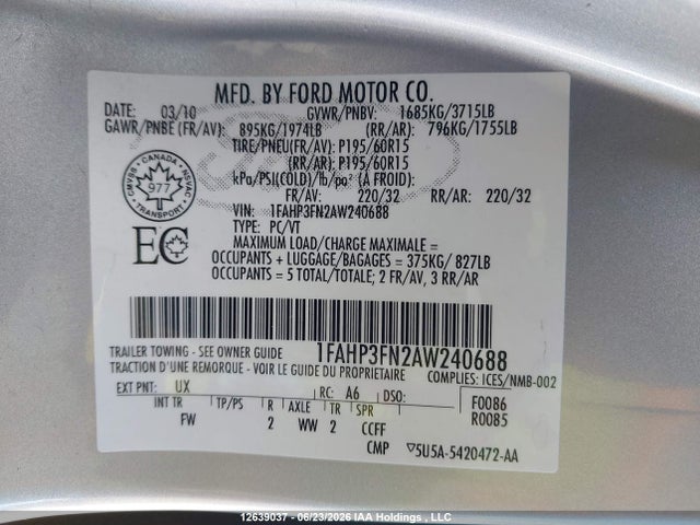 12639037 :رقم المزاد ، 1FAHP3FN2AW240688 vin ، 2010 Ford Focus Se مزاد بيع