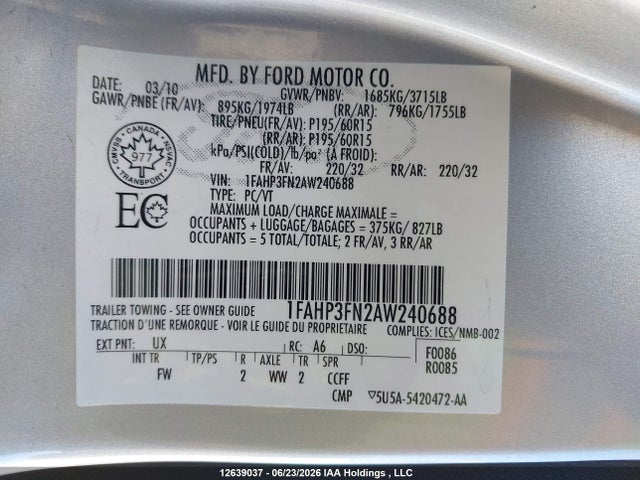 12639037 :رقم المزاد ، 1FAHP3FN2AW240688 vin ، 2010 Ford Focus Se مزاد بيع