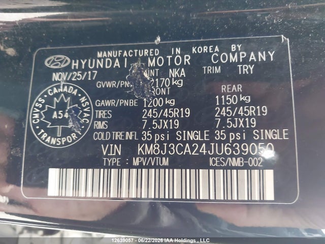 2018 Hyundai Tucson Limited/sport And Eco/se მანქანა იყიდება აუქციონზე, vin: KM8J3CA24JU639050, აუქციონის ნომერი: 12639057