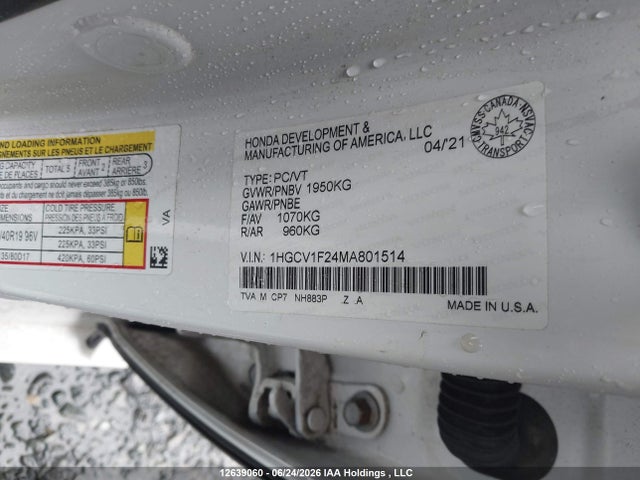 2021 Honda Accord Se 1.5t მანქანა იყიდება აუქციონზე, vin: 1HGCV1F24MA801514, აუქციონის ნომერი: 12639060