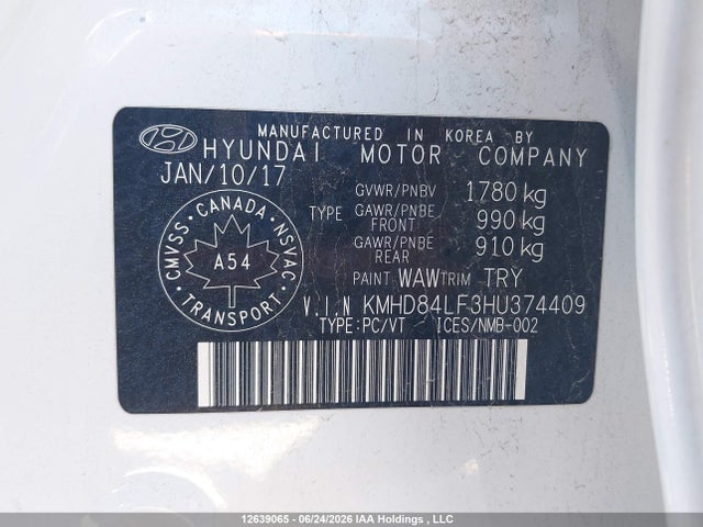 12639065 :رقم المزاد ، KMHD84LF3HU374409 vin ، 2017 Hyundai Elantra Gl مزاد بيع