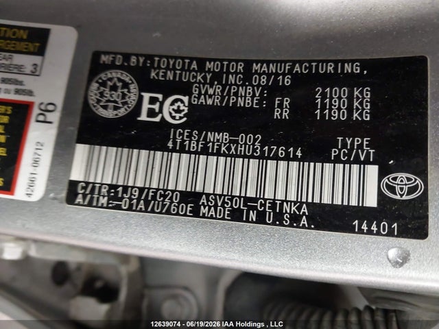 2017 Toyota Camry Le მანქანა იყიდება აუქციონზე, vin: 4T1BF1FKXHU317614, აუქციონის ნომერი: 12639074
