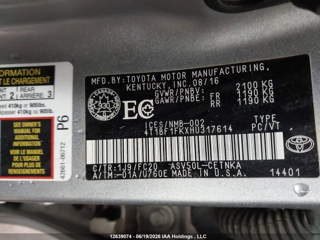 2017 Toyota Camry Le მანქანა იყიდება აუქციონზე, vin: 4T1BF1FKXHU317614, აუქციონის ნომერი: 12639074