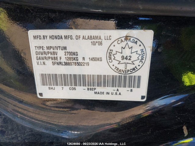 2007 Honda Odyssey Touring მანქანა იყიდება აუქციონზე, vin: 5FNRL38897B502219, აუქციონის ნომერი: 12639080
