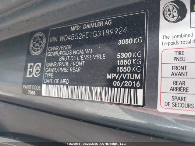 Продажа на аукционе авто 2016 Mercedes-benz Metris, vin: WD4BG2EE1G3189924, номер лота: 12639081