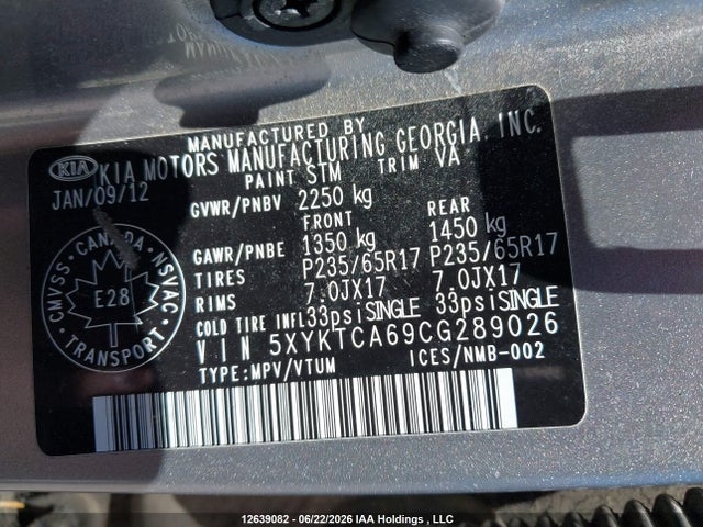 2012 Kia Sorento Lx მანქანა იყიდება აუქციონზე, vin: 5XYKTCA69CG289026, აუქციონის ნომერი: 12639082