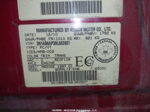 Продажа на аукционе авто 2011 Nissan Sentra 2.0s, vin: 3N1AB6AP3BL662807, номер лота: 12639089