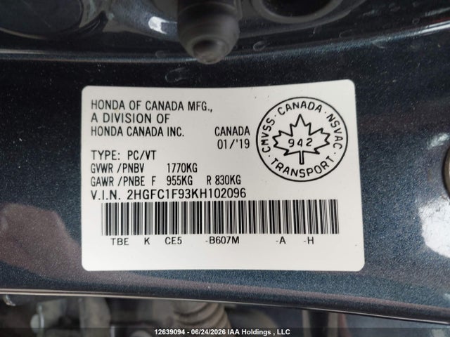 Honda Civic Touring 2019 2HGFC1F93KH102096 Image 9