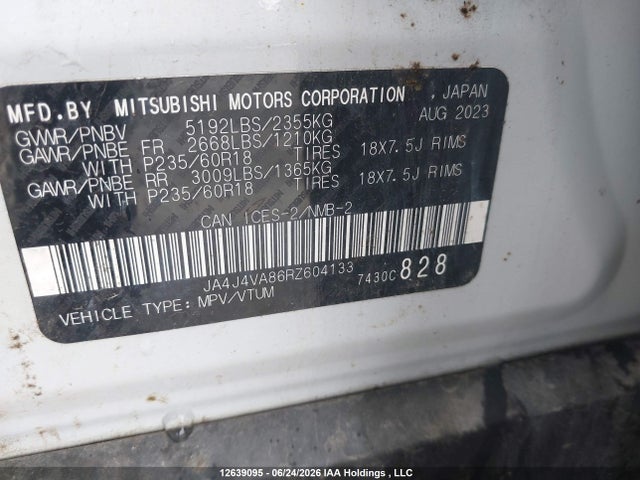 2024 Mitsubishi Outlander Le/se/sel მანქანა იყიდება აუქციონზე, vin: JA4J4VA86RZ604133, აუქციონის ნომერი: 12639095