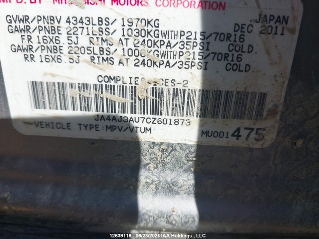 Продаж на аукціоні авто 2012 Mitsubishi Rvr Se, vin: JA4AJ3AU7CZ601873, номер лоту: 12639116