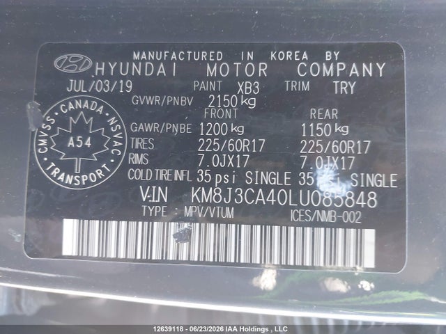Продаж на аукціоні авто 2020 Hyundai Tucson Limited/sel/sport/ultimate/value, vin: KM8J3CA40LU085848, номер лоту: 12639118