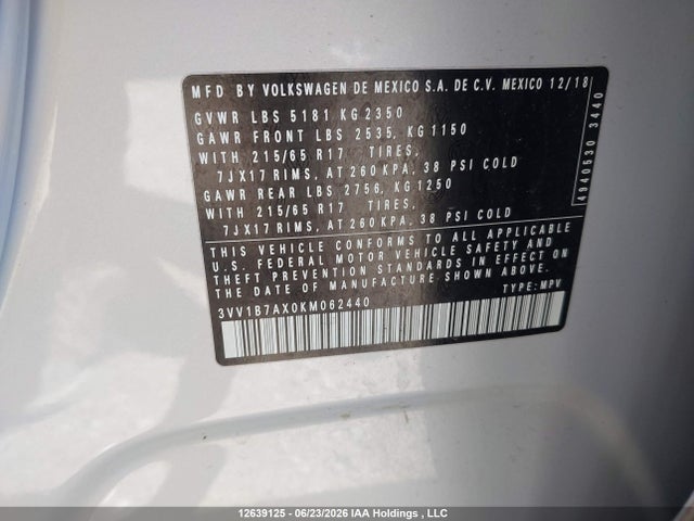 Продаж на аукціоні авто 2019 Volkswagen Tiguan S, vin: 3VV1B7AX0KM062440, номер лоту: 12639125